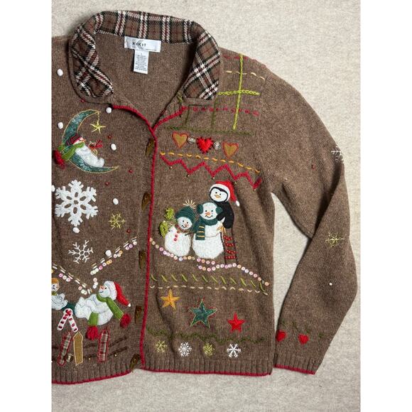 Christmas Sweater Cardigan Brown Wool Blend Plaid Collar Sz L Kikit Cottage Vtg - Picture 3 of 8